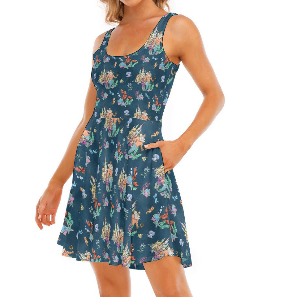 Whimsical Sea King and Crab - Women's Sleeveless Pocket Skater Dress