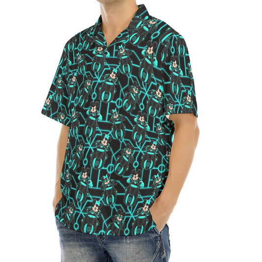 Electric Neon Grid Adventure - Men's Hawaiian Button Up Shirt