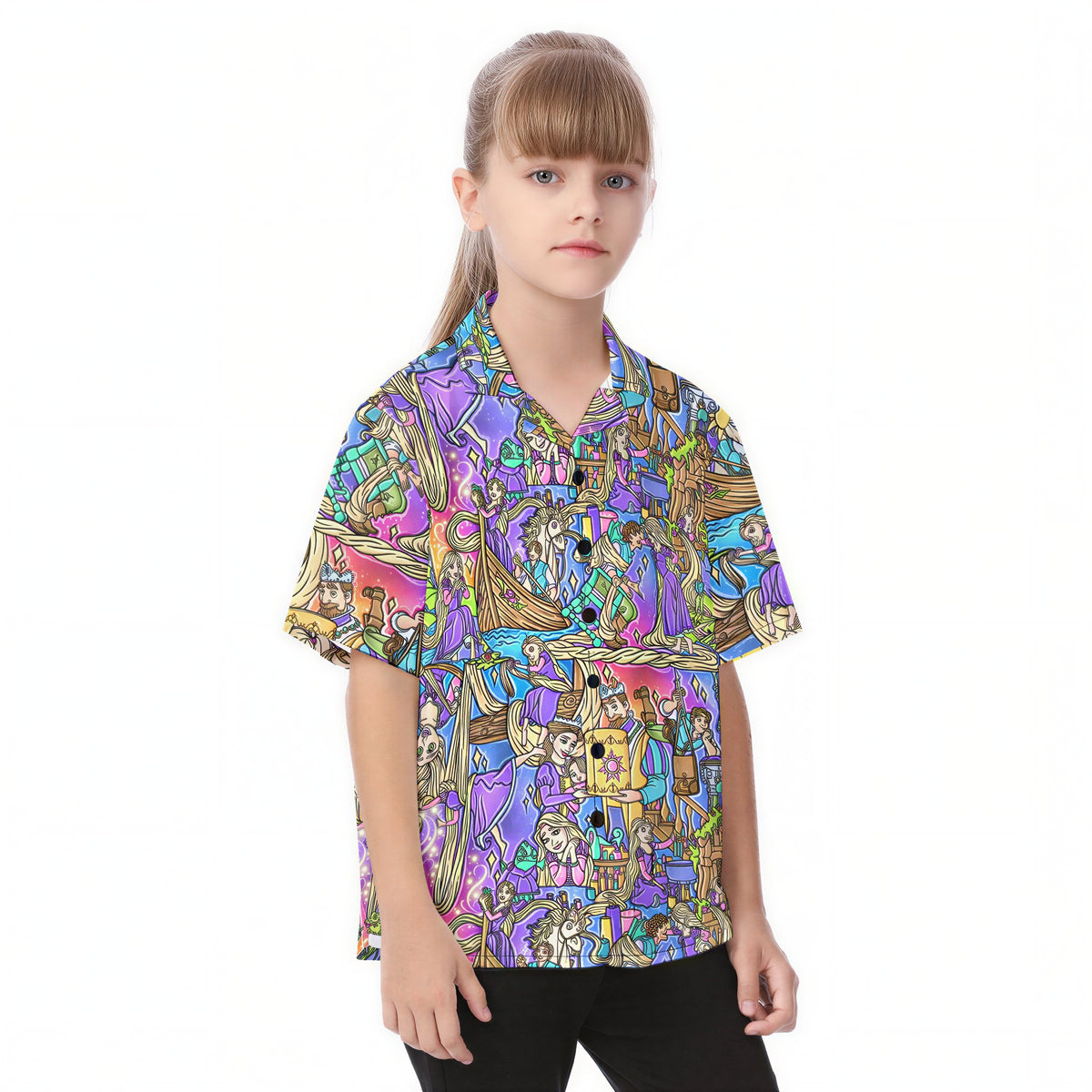 Golden Hair Storybook Scenes - Kid's Hawaiian Button Up Shirt