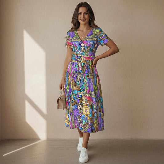 Golden Hair Storybook Scenes - Women's V-Neck Ruched Midi Dress