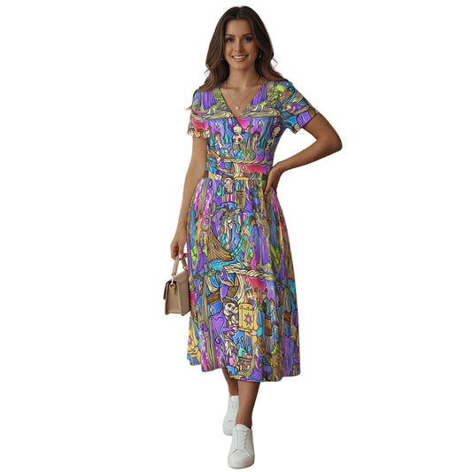 Golden Hair Storybook Scenes - Women's V-Neck Ruched Midi Dress
