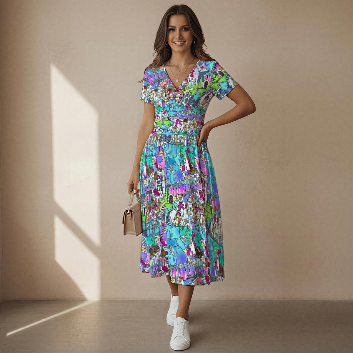 Glass Slipper Storybook Scenes - Women's V-Neck Ruched Midi Dress
