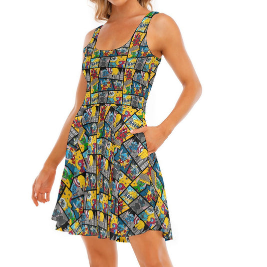Superhero Stitch - Comic Action - Women's Sleeveless Pocket Skater Dress