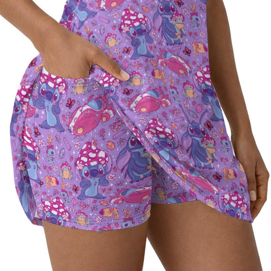 Blue Alien Mushroom Mischief - Women’s Short Sleeve Athletic Skater Dress with Built-In Shorts