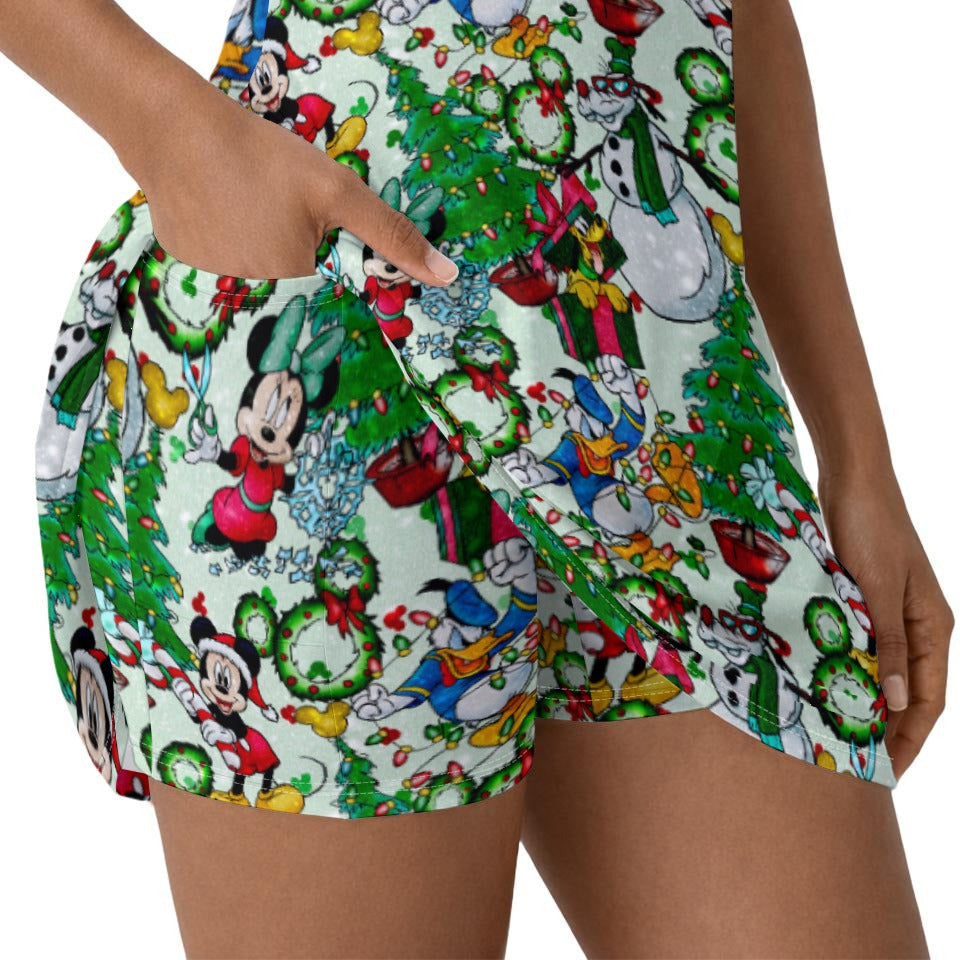 Mouse Friends Christmas Decorations - Women’s Short Sleeve Athletic Skater Dress with Built-In Shorts