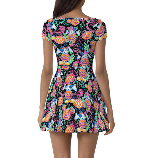 Mouse and Friends Pumpkin Parade - Women’s Short Sleeve Athletic Skater Dress with Built-In Shorts