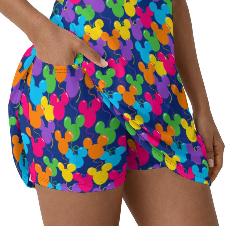 Bright Mouse Ear Balloons - Women’s Short Sleeve Athletic Skater Dress with Built-In Shorts