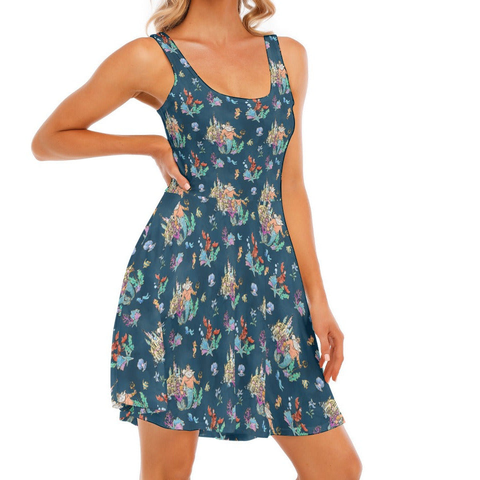 Whimsical Sea King and Crab - Women's Sleeveless Pocket Skater Dress