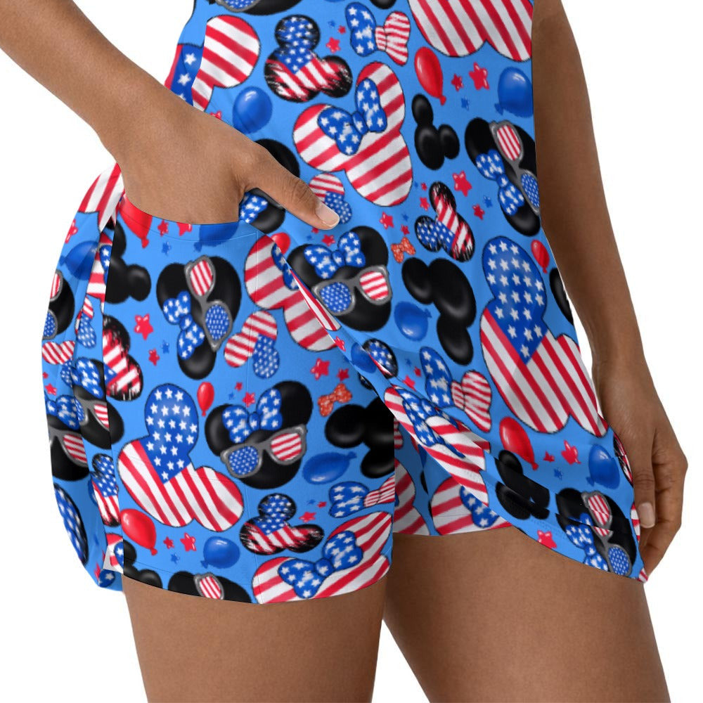 Mouse Fourth of July Celebration - Women’s Sleeveless Athletic Skater Dress with Built-In Shorts