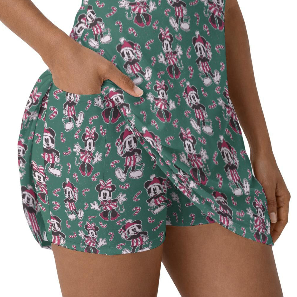Mouse and Bow Peppermint Pals - Women’s Sleeveless Athletic Skater Dress with Built-In Shorts