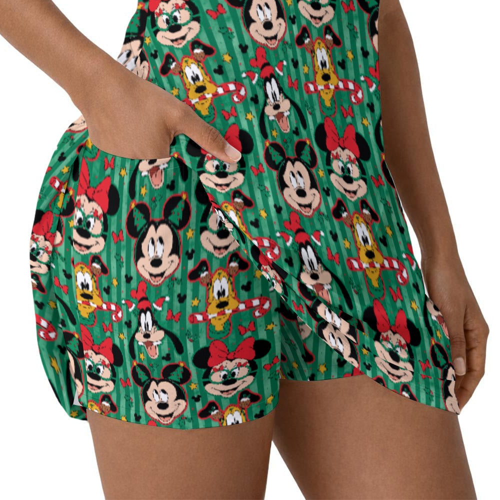 Mouse's Holly Jolly Parade - Women’s Sleeveless Athletic Skater Dress with Built-In Shorts