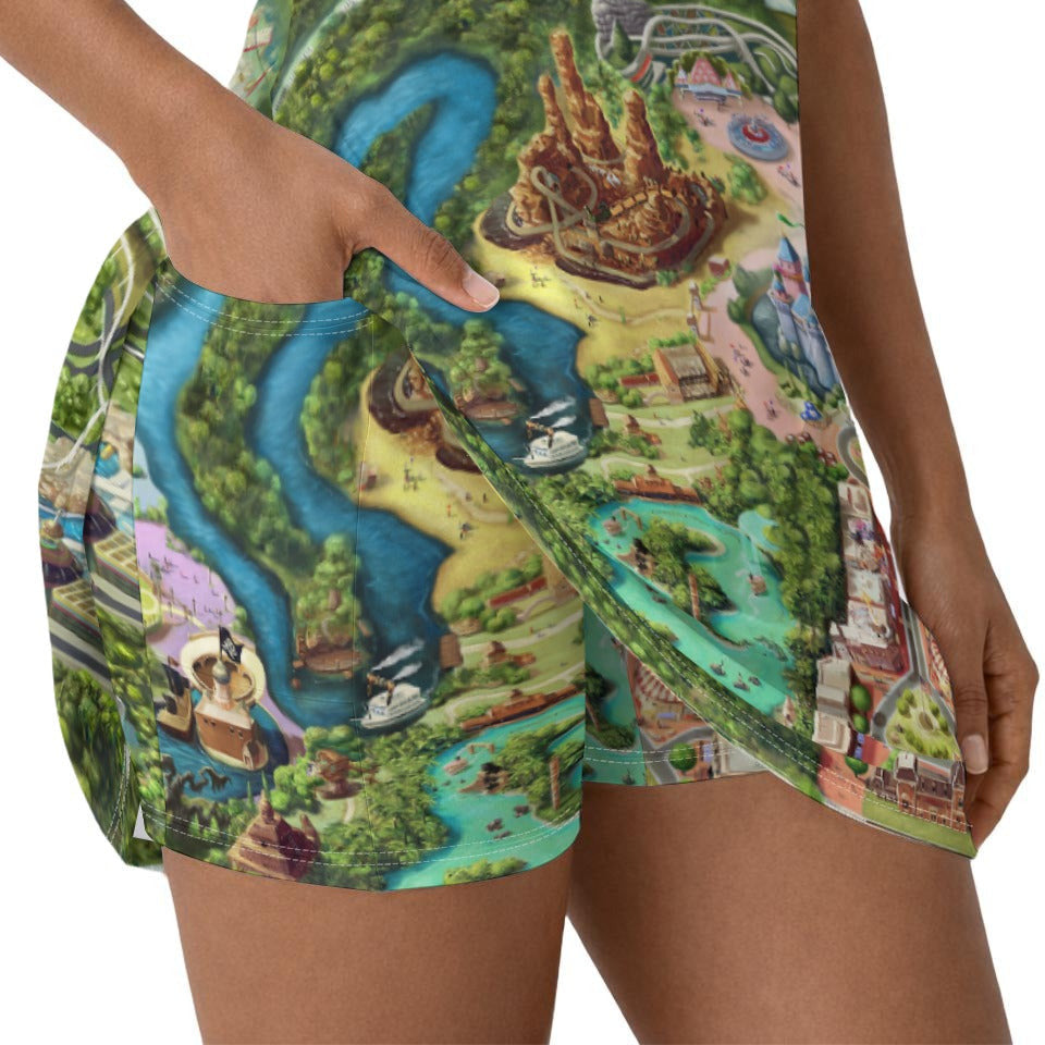 Colorful Theme Park Map - Women’s Short Sleeve Athletic Skater Dress with Built-In Shorts