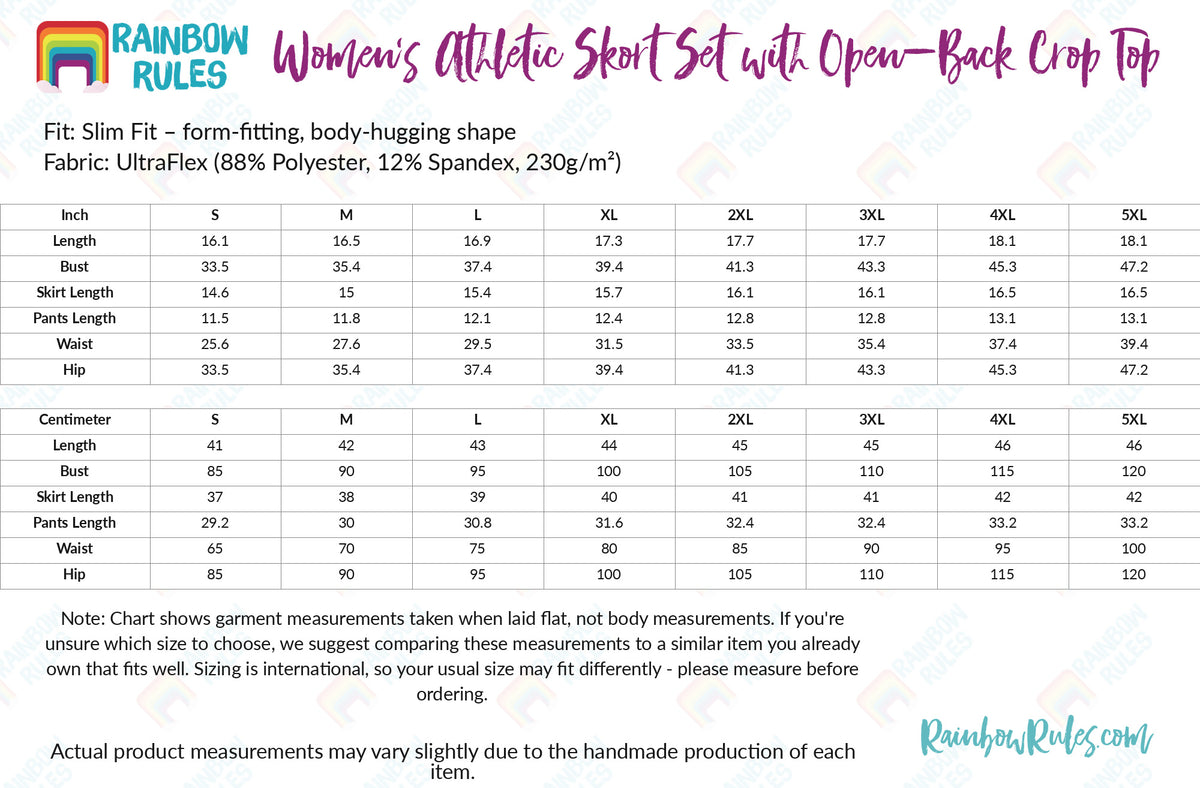 Women’s Athletic Skort Set with Open-Back Crop Top - Rainbow Rules Size Chart