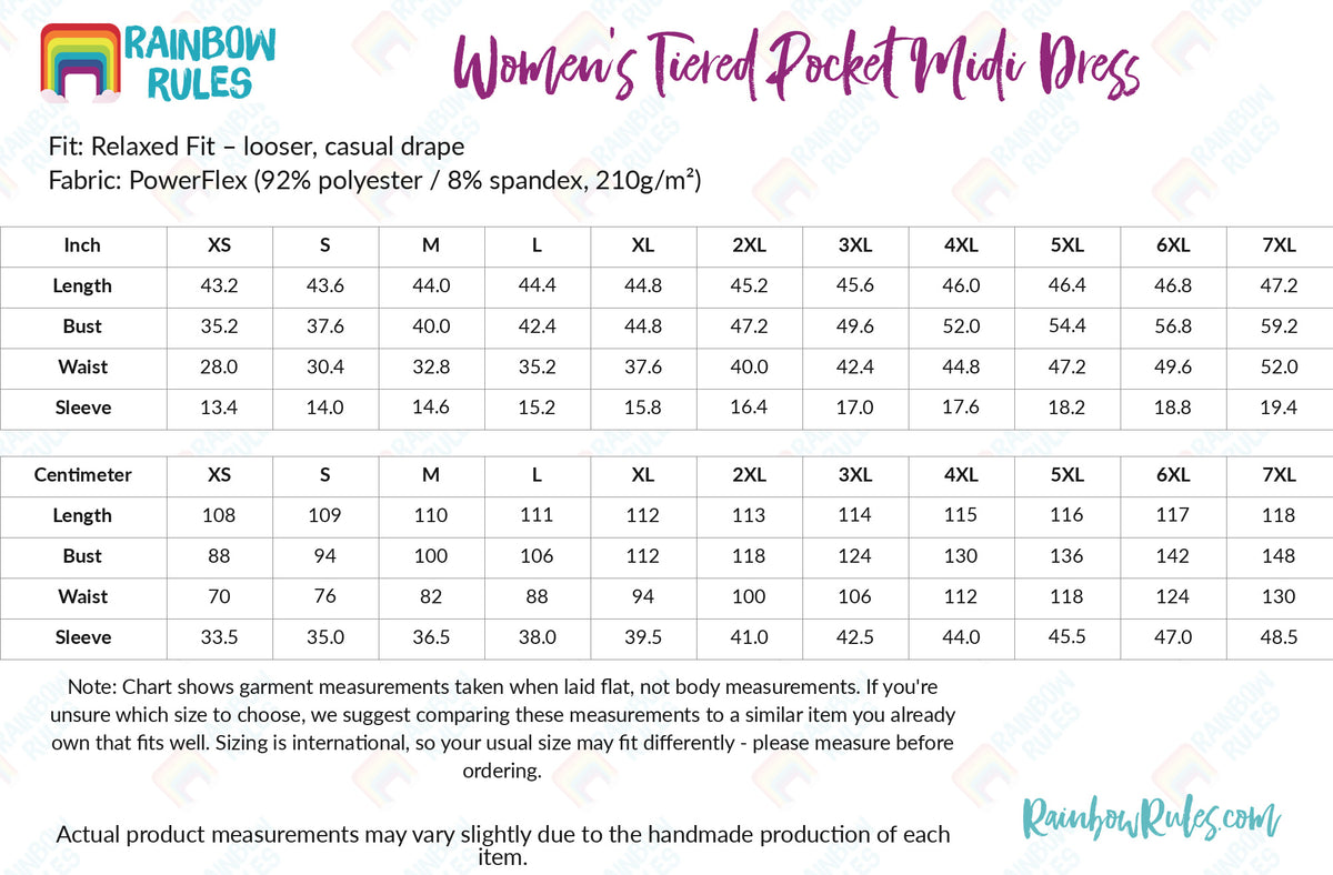 Women's Tiered Pocket Midi Dress - Rainbow Rules Size Chart