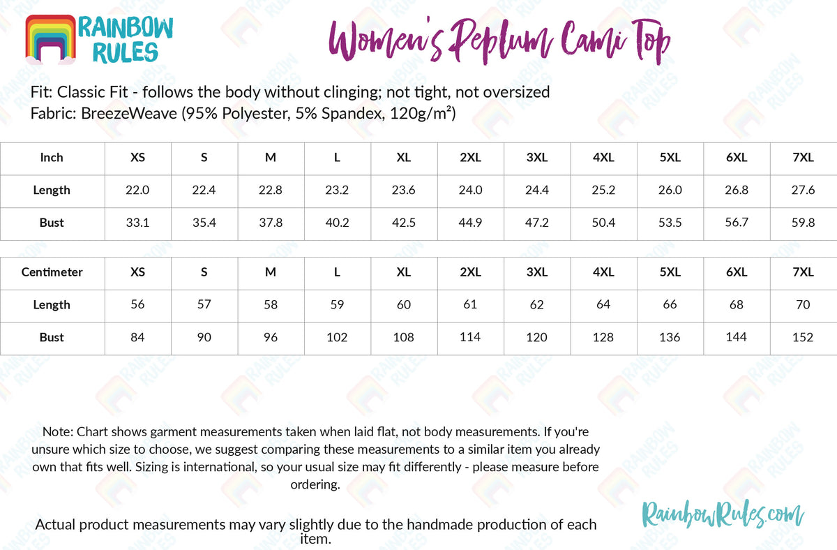 Women's Peplum Cami Top - Rainbow Rules Size Chart