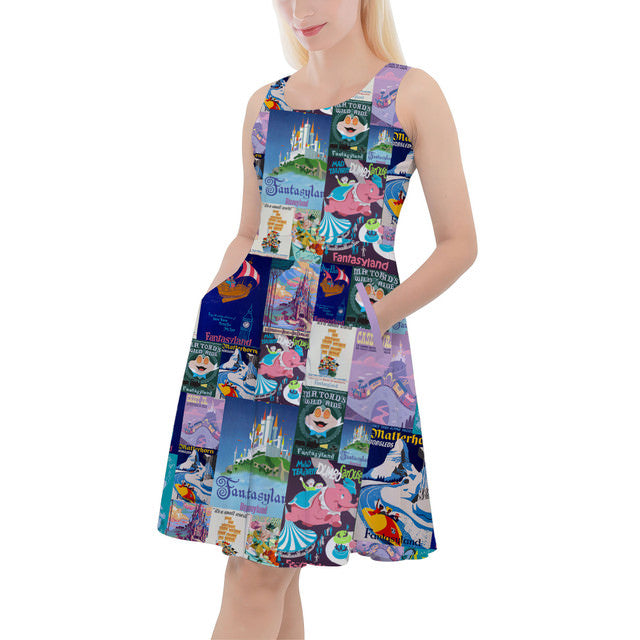Skater Dress with Pockets - S - Fantasyland Vintage Attraction Posters- READY TO SHIP