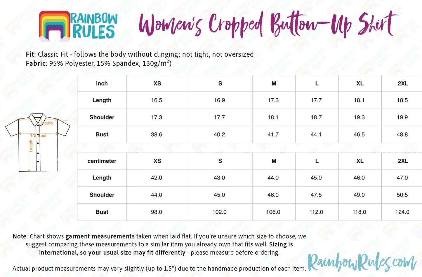 Women’s Cropped Button-Up Shirt Size Chart