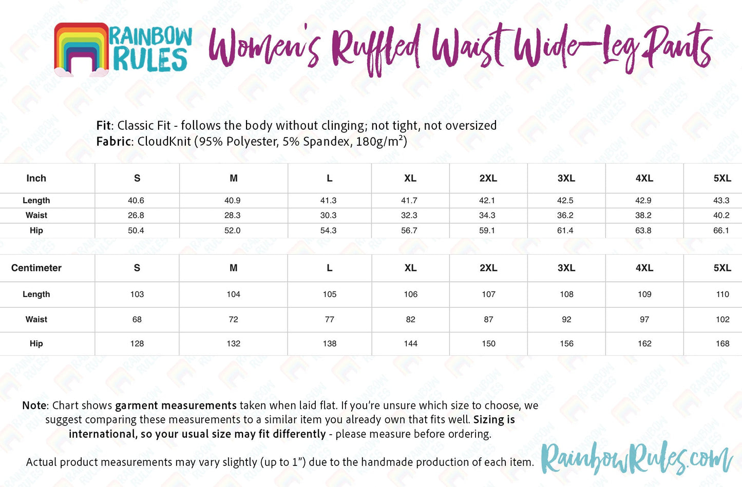 Women's Ruffled Waist Wide-Leg Pants Size Chart