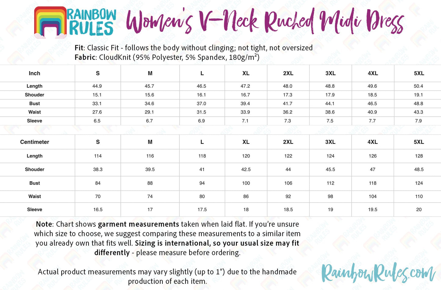 Women's V-Neck Ruched Midi Dress Size Chart