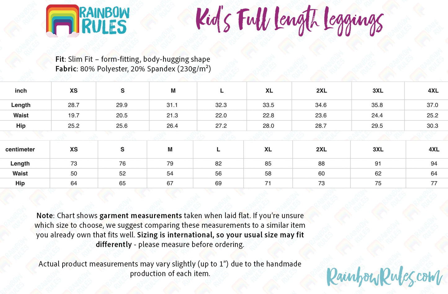 Kid's Leggings Size Chart