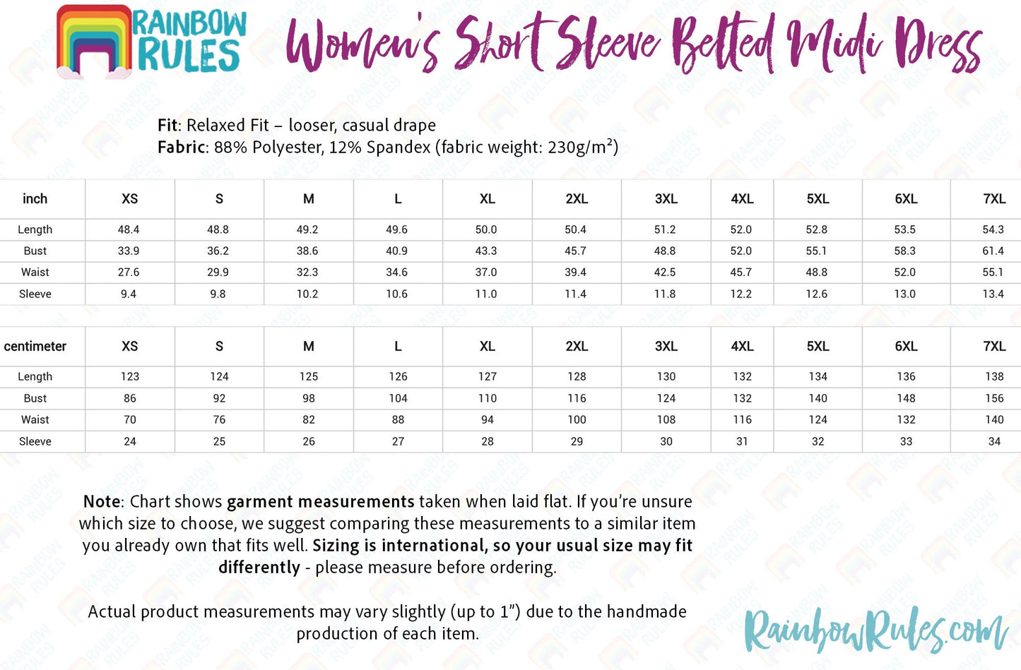 Women's Short Sleeve Belted Midi Dress Size Chart