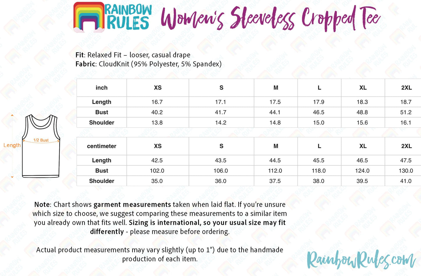 Women’s Sleeveless Cropped Tee Size Chart