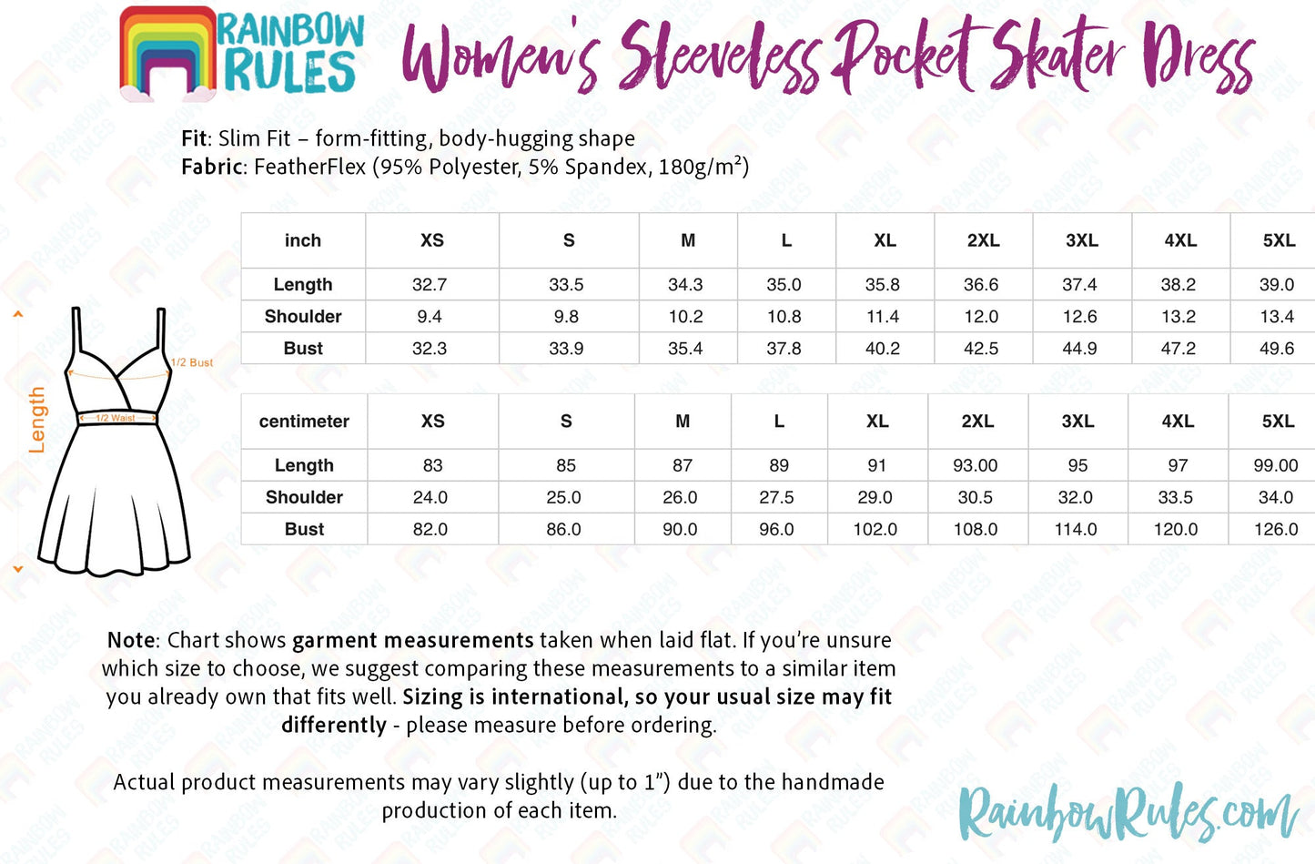 Women's Sleeveless Pocket Skater Dress Size Chart