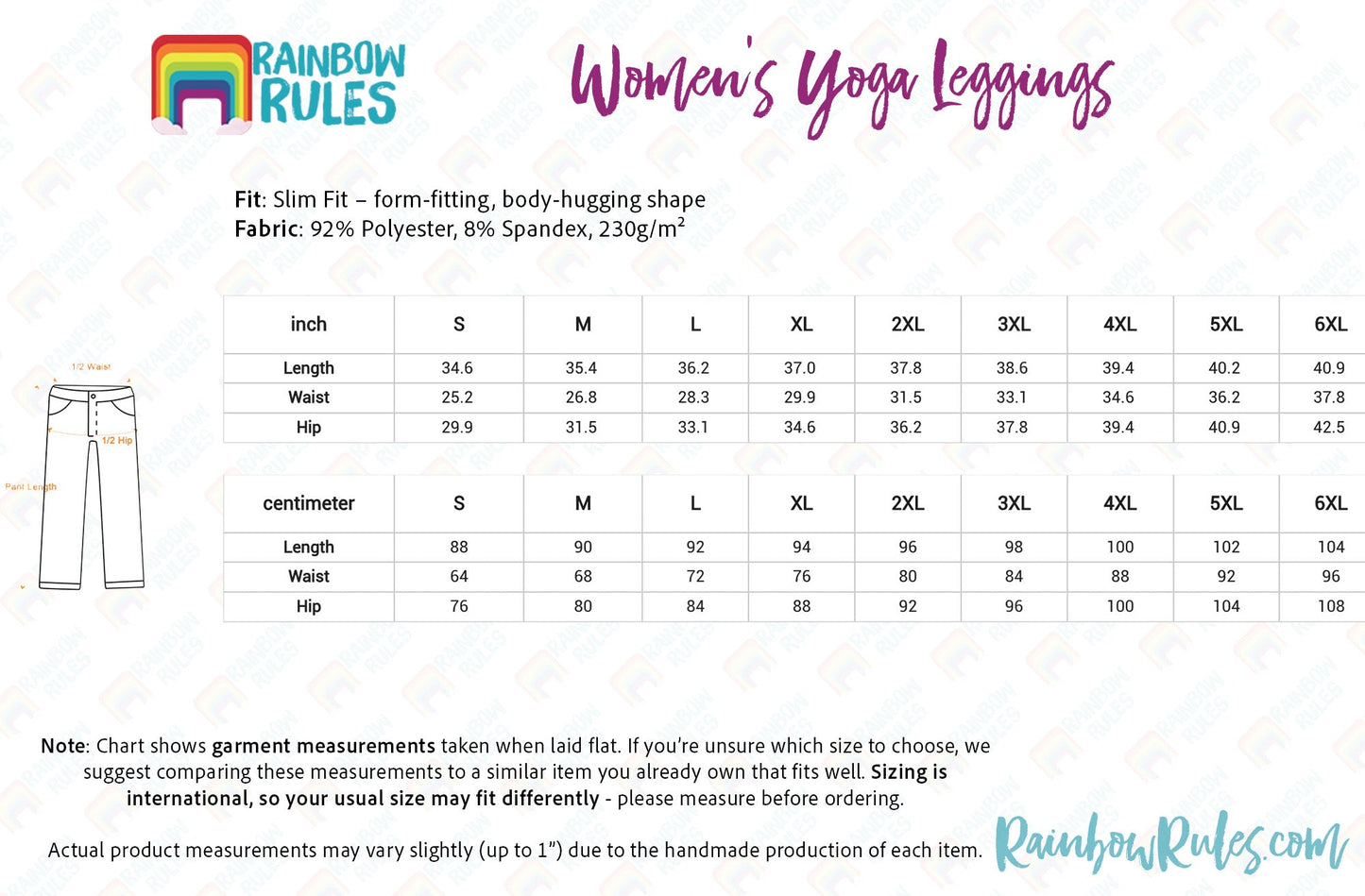 Women's Yoga Leggings Size Chart
