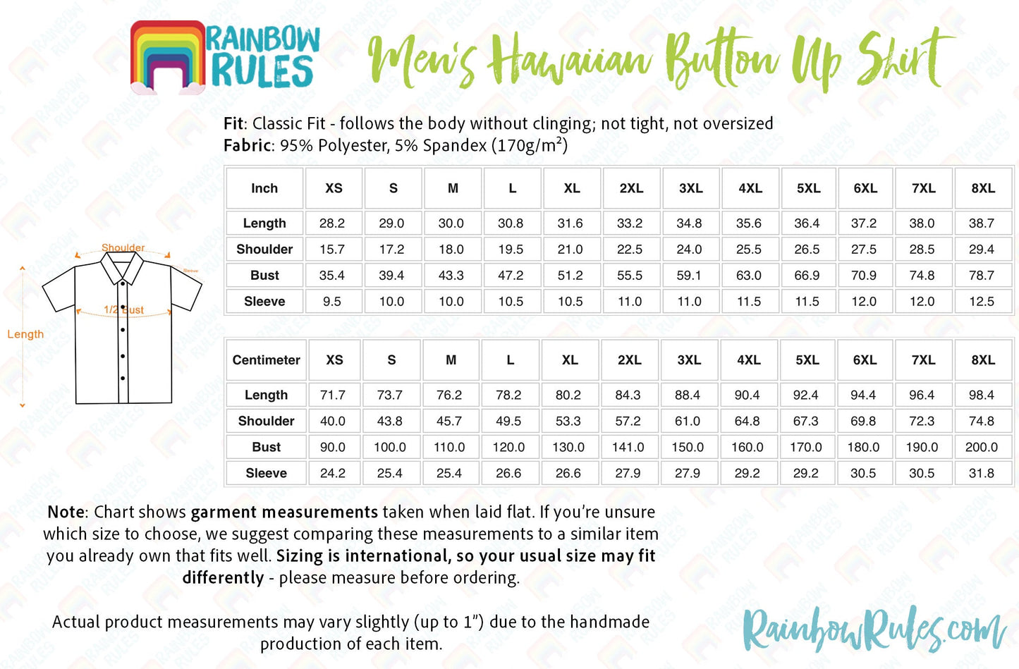 Men's Hawaiian Button Up Shirt Size Chart
