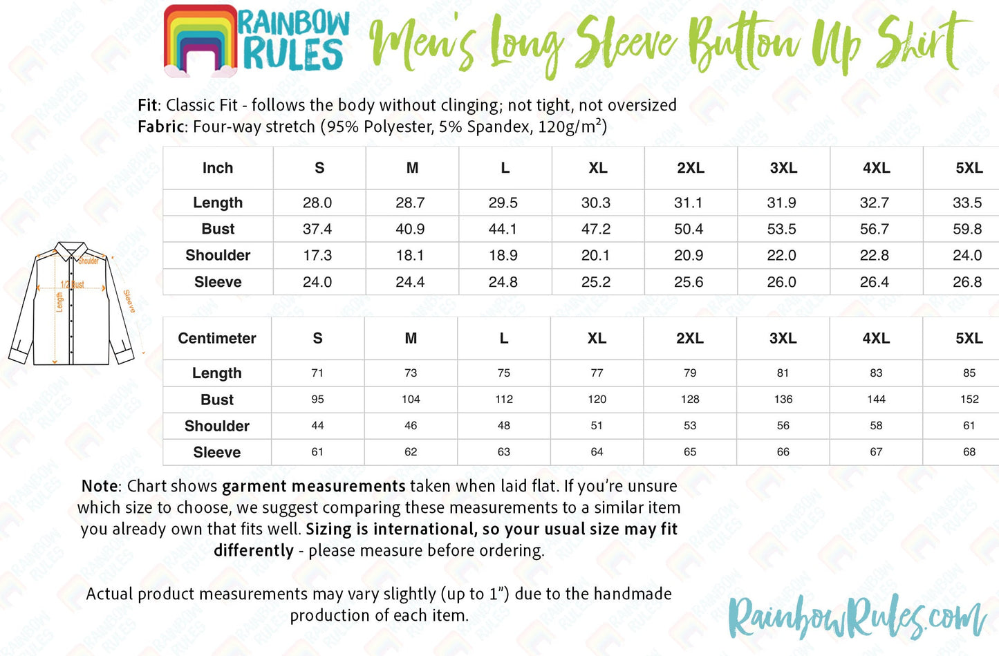 Men's Long Sleeve Button Up Shirt Size Chart