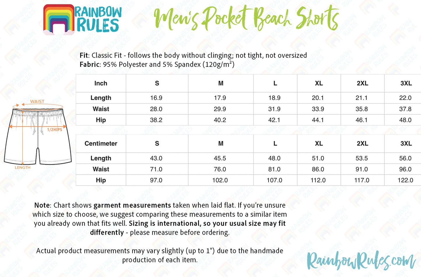 Men’s Pocket Beach Shorts Size Chart