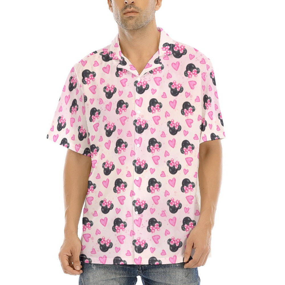 Watercolor Pink Bow Mouse Ears - Men's Hawaiian Button Up Shirt