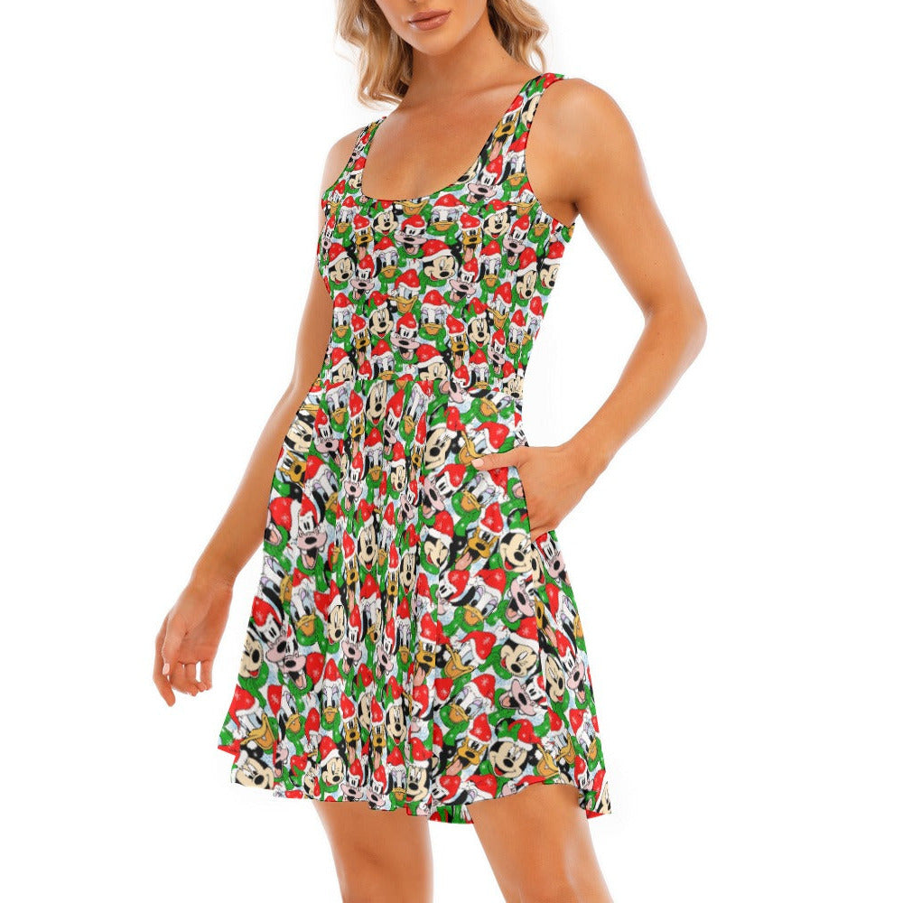 Mouse Friends in Santa Hats - Women's Sleeveless Pocket Skater Dress