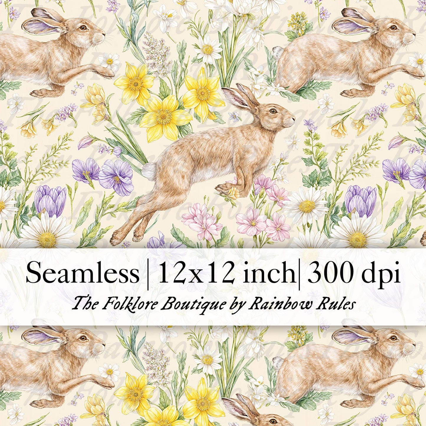 Spring Rabbits and Wildflowers - Digital Seamless Pattern
