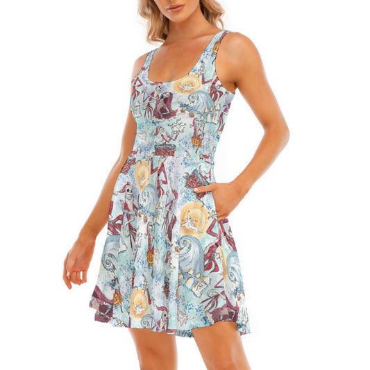 Santa Jack with Sally & Ghost Dog - Women's Sleeveless Pocket Skater Dress