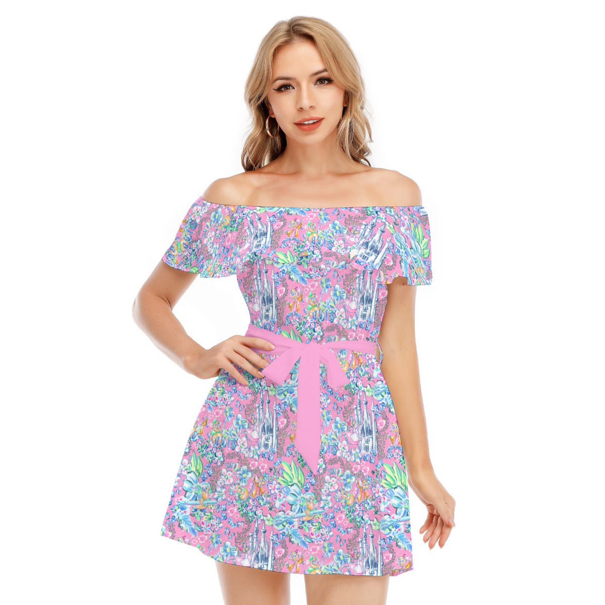 Bright Tropical Dreams - Enchanted Squeaky Helpers - Women's Off-shoulder Ruffle Dress