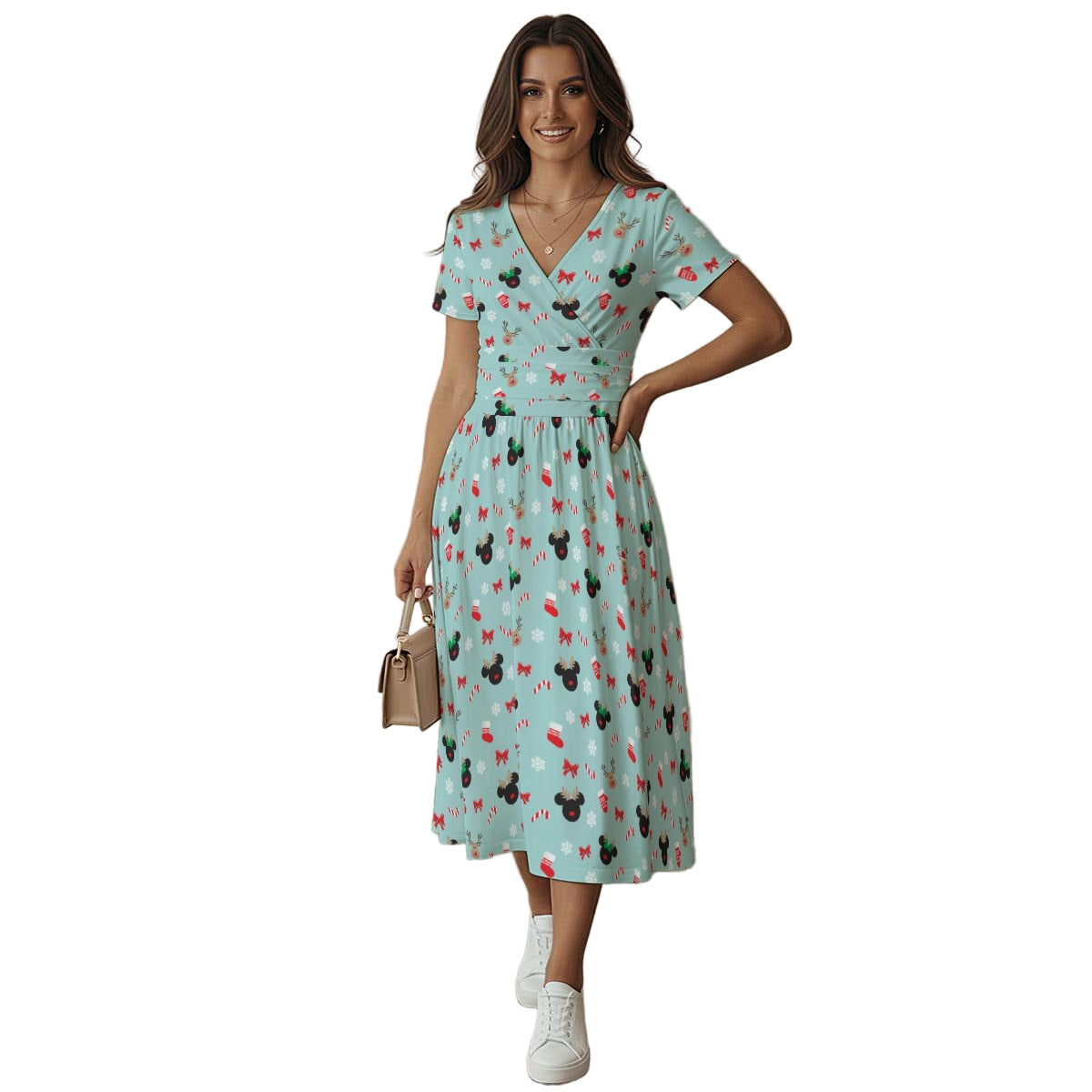 Festive Reindeer Mouse Holiday - Women's V-Neck Ruched Midi Dress