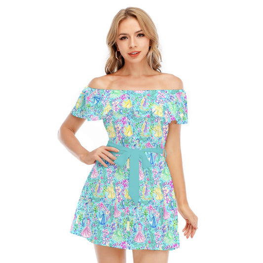 Bright Tropical Princess - Royal Garden Mashup - Women's Off-shoulder Ruffle Dress