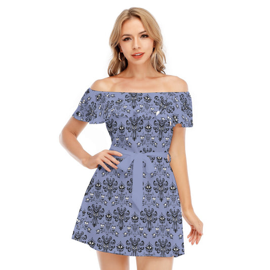 Spooky Mansion Wallpaper - Women's Off-shoulder Ruffle Dress