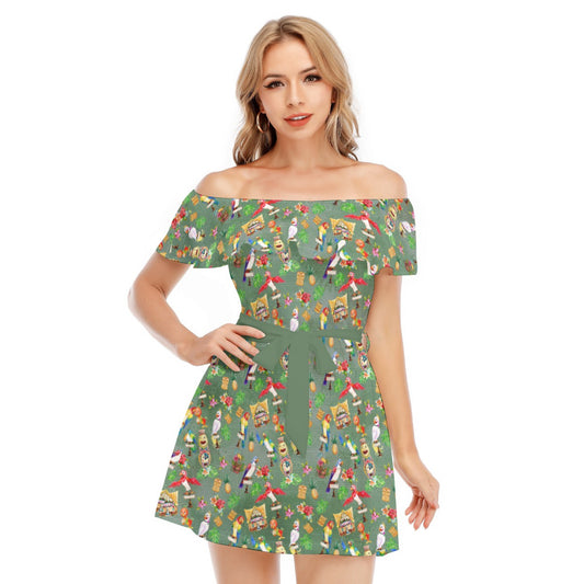 Orange Bird & Tiki Friends - Women's Off-shoulder Ruffle Dress