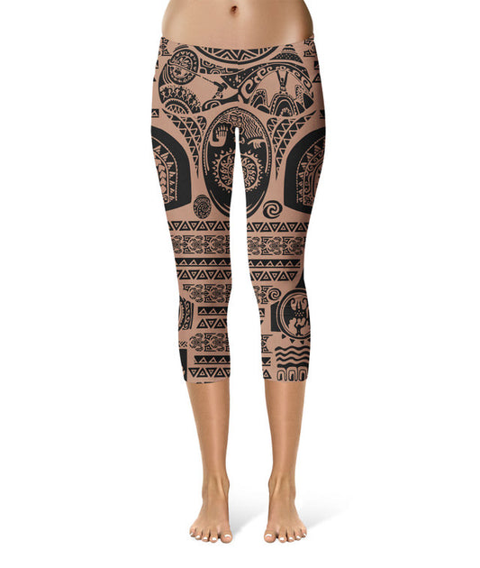 Sport Waist Capri Leggings - 5XL -Maui Tattoos Moana Inspired (BROWN)  - READY TO SHIP