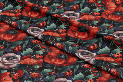 Vintage Dark Floral Poppy Ladybirds - Digital Seamless Pattern