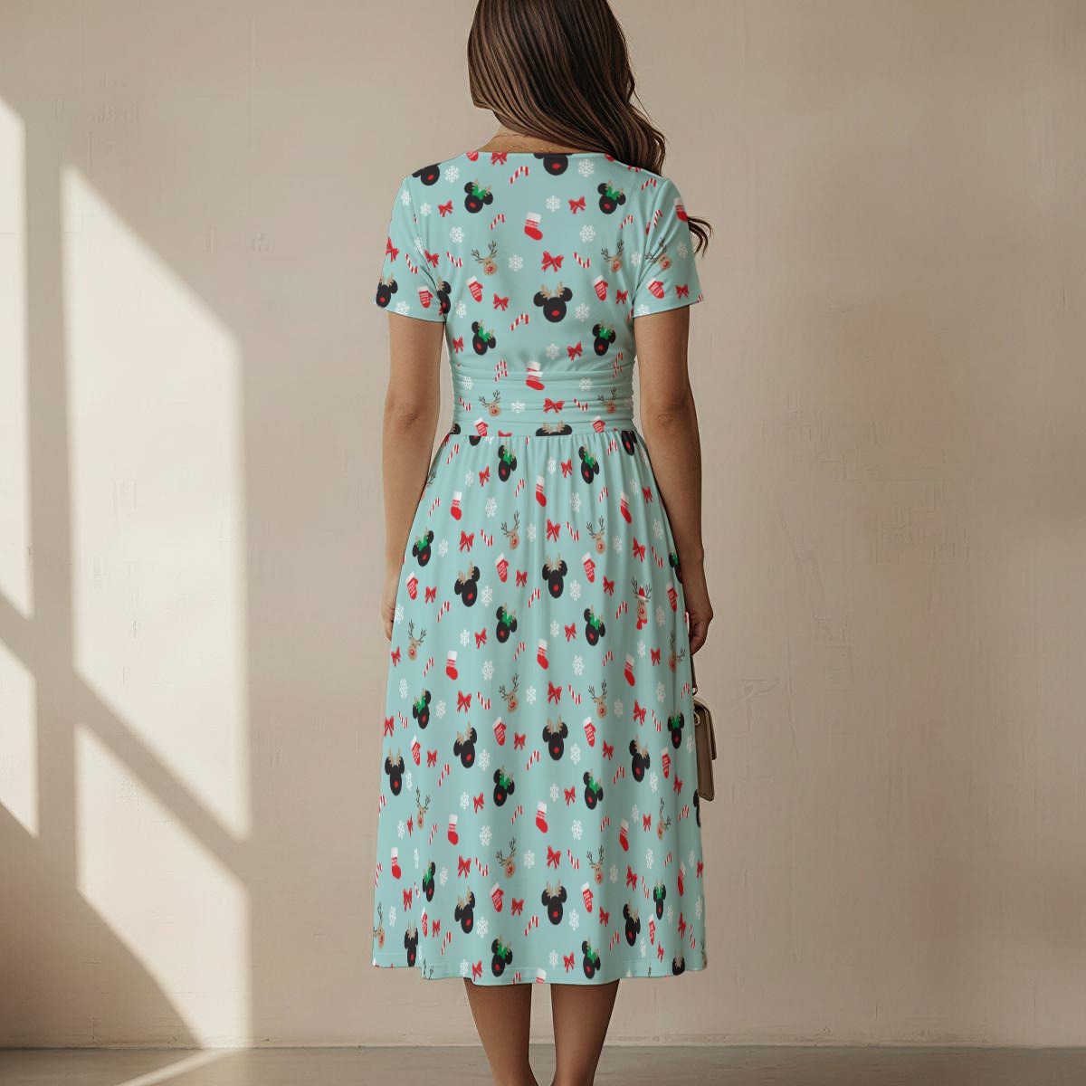 Festive Reindeer Mouse Holiday - Women's V-Neck Ruched Midi Dress