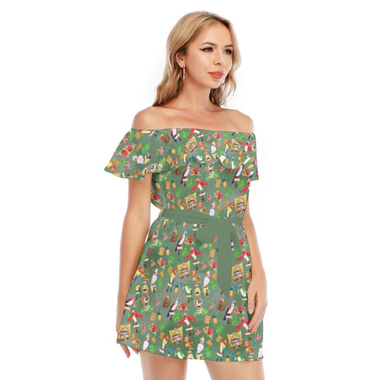 Orange Bird & Tiki Friends - Women's Off-shoulder Ruffle Dress