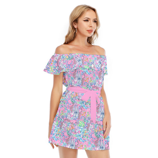Bright Tropical Dreams - Enchanted Squeaky Helpers - Women's Off-shoulder Ruffle Dress