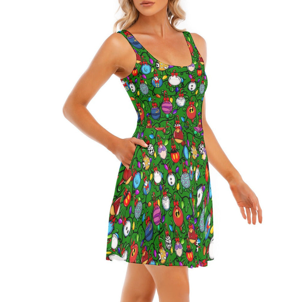 Festive Character Baubles on Green - Women's Sleeveless Pocket Skater Dress