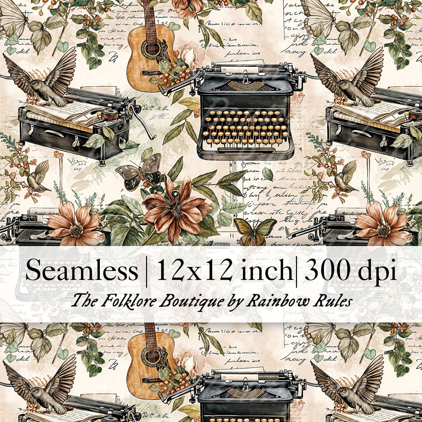 Vintage Typewriters, Guitars, & Florals - Digital Seamless Pattern