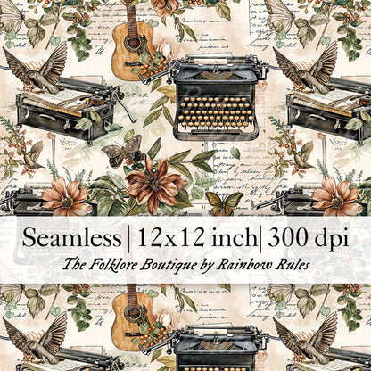Vintage Typewriters, Guitars, & Florals - Digital Seamless Pattern