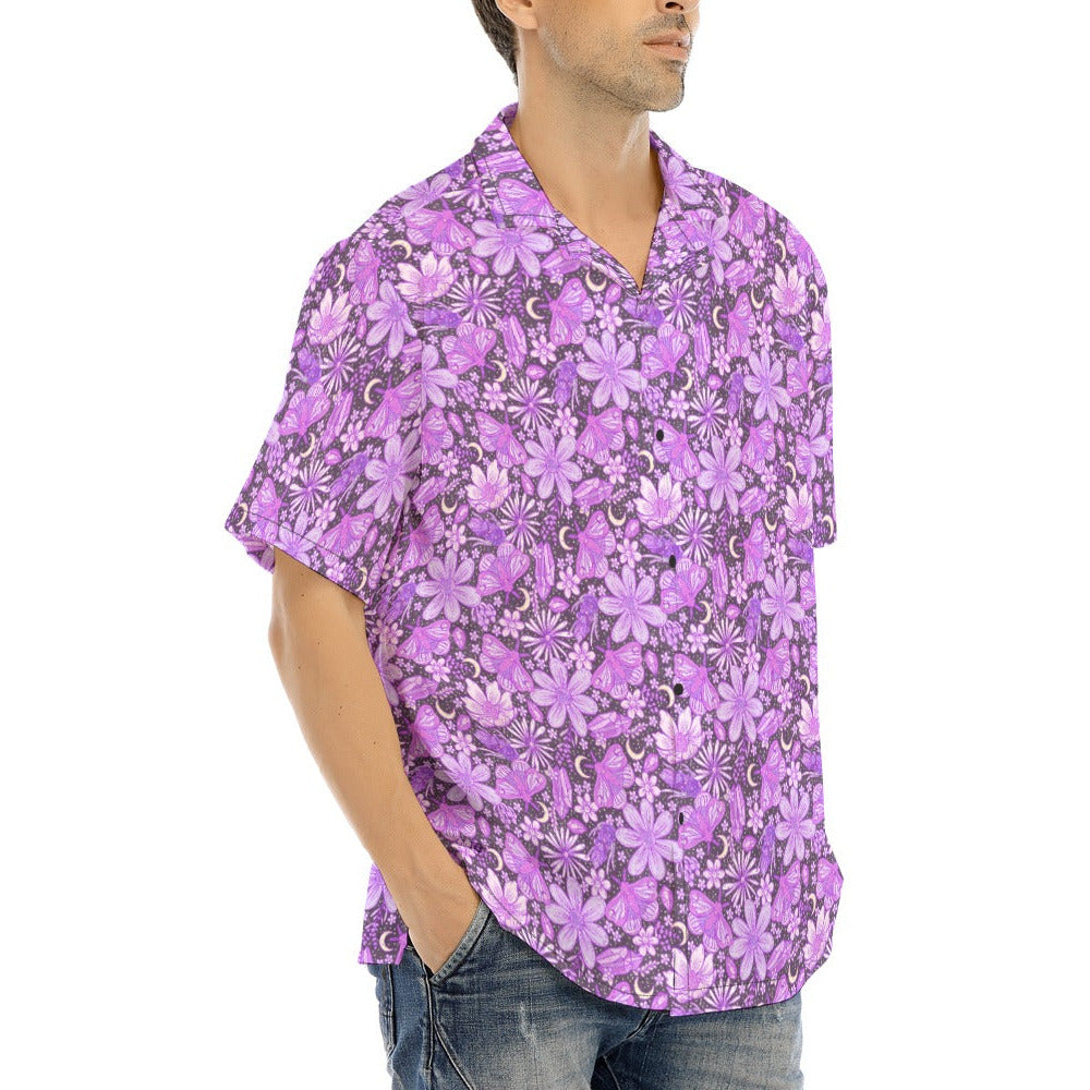 Purple Crystal Moths - Men's Hawaiian Button Up Shirt