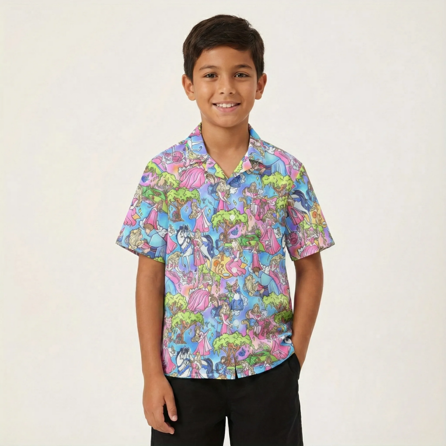 Dreaming Princess Storybook Scenes - Kid's Hawaiian Button Up Shirt